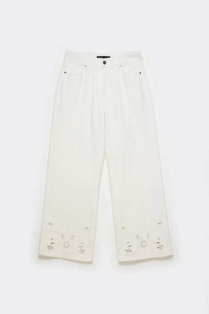 Jeans Mujer Color Wide Leg Tiro Alto Perforados Crudo