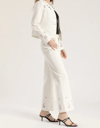 Jeans Mujer Color Wide Leg Tiro Alto Perforados Crudo