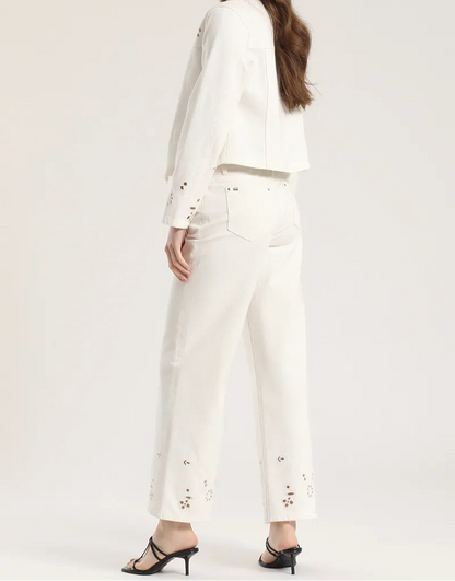 Jeans Mujer Color Wide Leg Tiro Alto Perforados Crudo