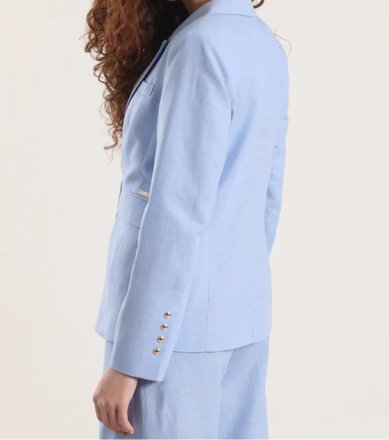 Blazer Mujer Clasico Entallado Lino Algodón Celeste
