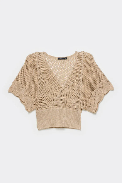 Tejido Mujer Punto Abierto Fantasia, Con Hilo Metalizado Beige