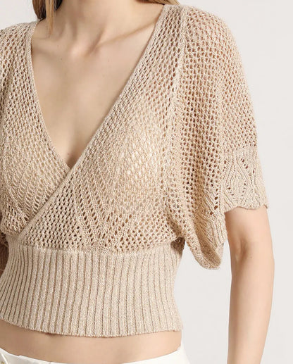 Tejido Mujer Punto Abierto Fantasia, Con Hilo Metalizado Beige