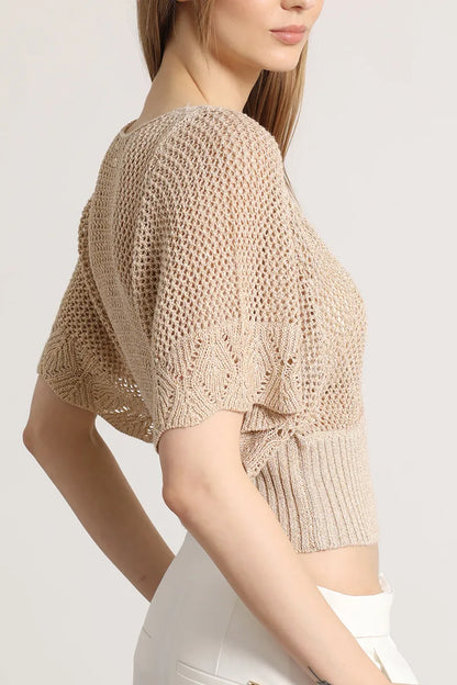 Tejido Mujer Punto Abierto Fantasia, Con Hilo Metalizado Beige