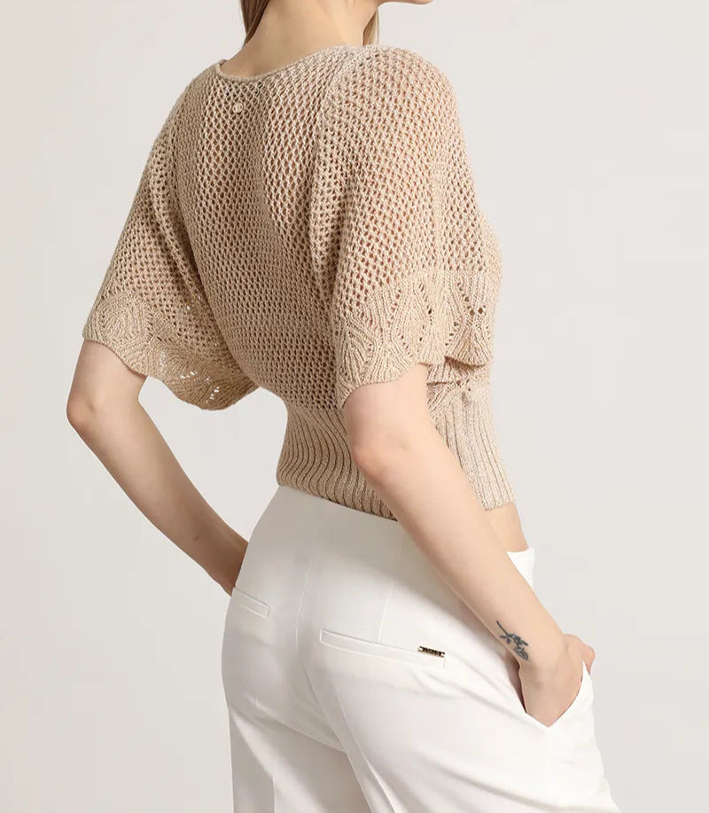 Tejido Mujer Punto Abierto Fantasia, Con Hilo Metalizado Beige