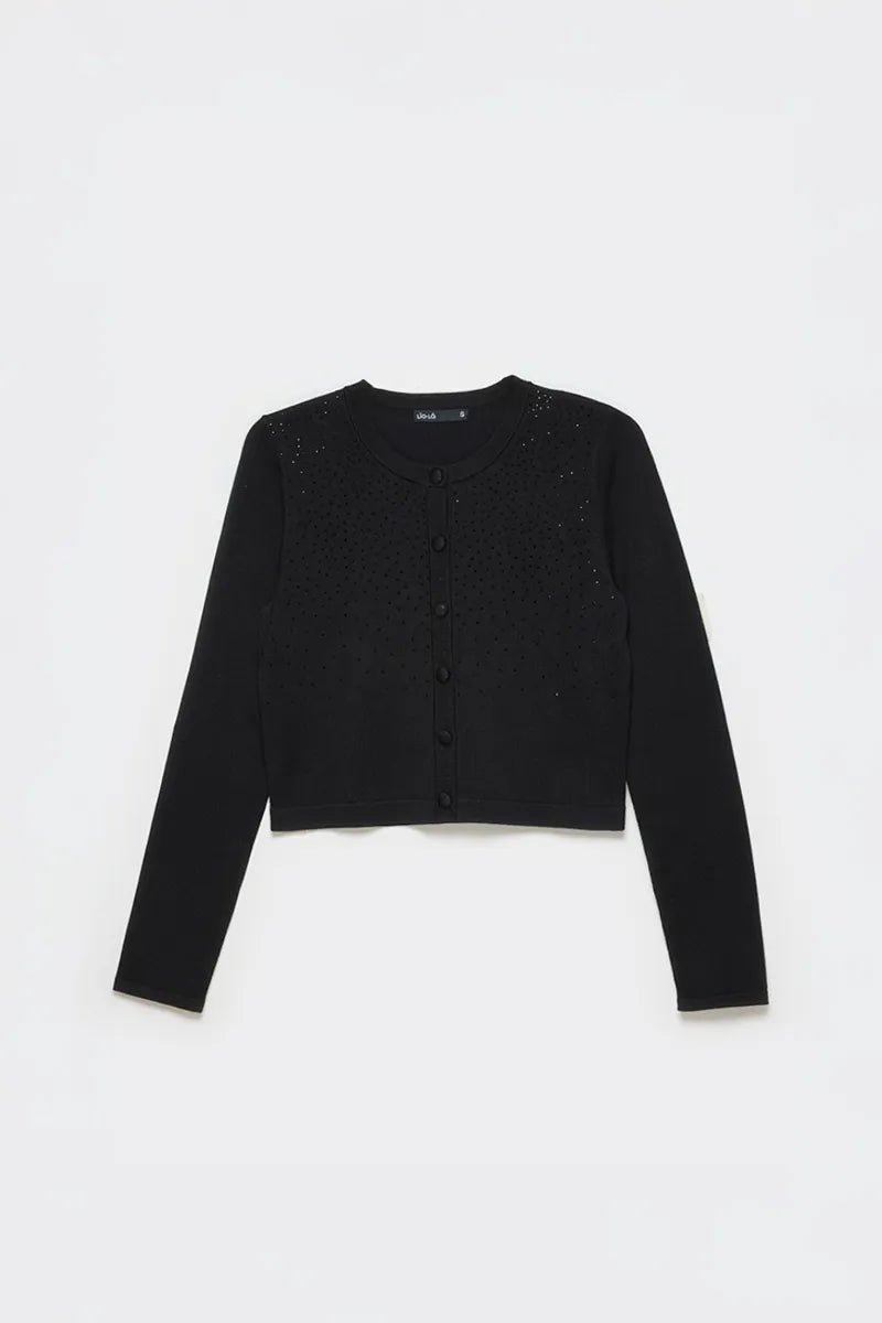 Cardigan Mujer Tejido Punto Aplicacion Strass Negro