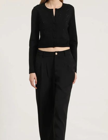 Cardigan Mujer Tejido Punto Aplicacion Strass Negro