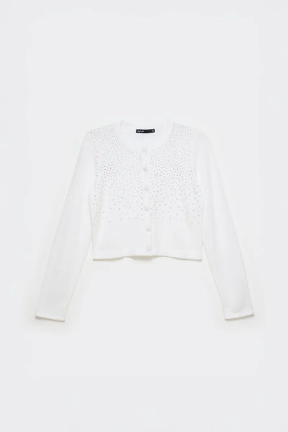 Cardigan Mujer Tejido Punto Aplicacion Strass Crudo