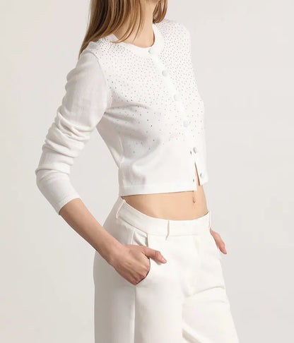 Cardigan Mujer Tejido Punto Aplicacion Strass Crudo