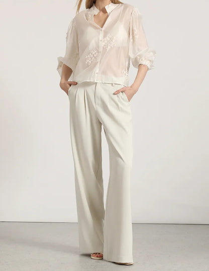 Pantalon Mujer Ancho Pinzas Tiro Alto Beige