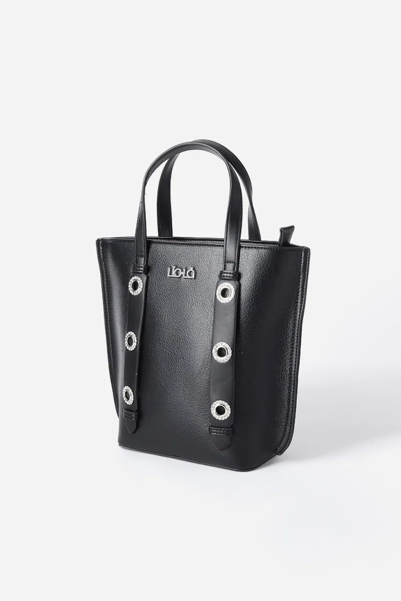 Cartera Mujer Mediana Simil Cuero Granulado Ojetillos Strass Negro