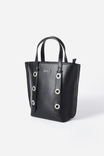 Cartera Mujer Mediana Simil Cuero Granulado Ojetillos Strass Negro