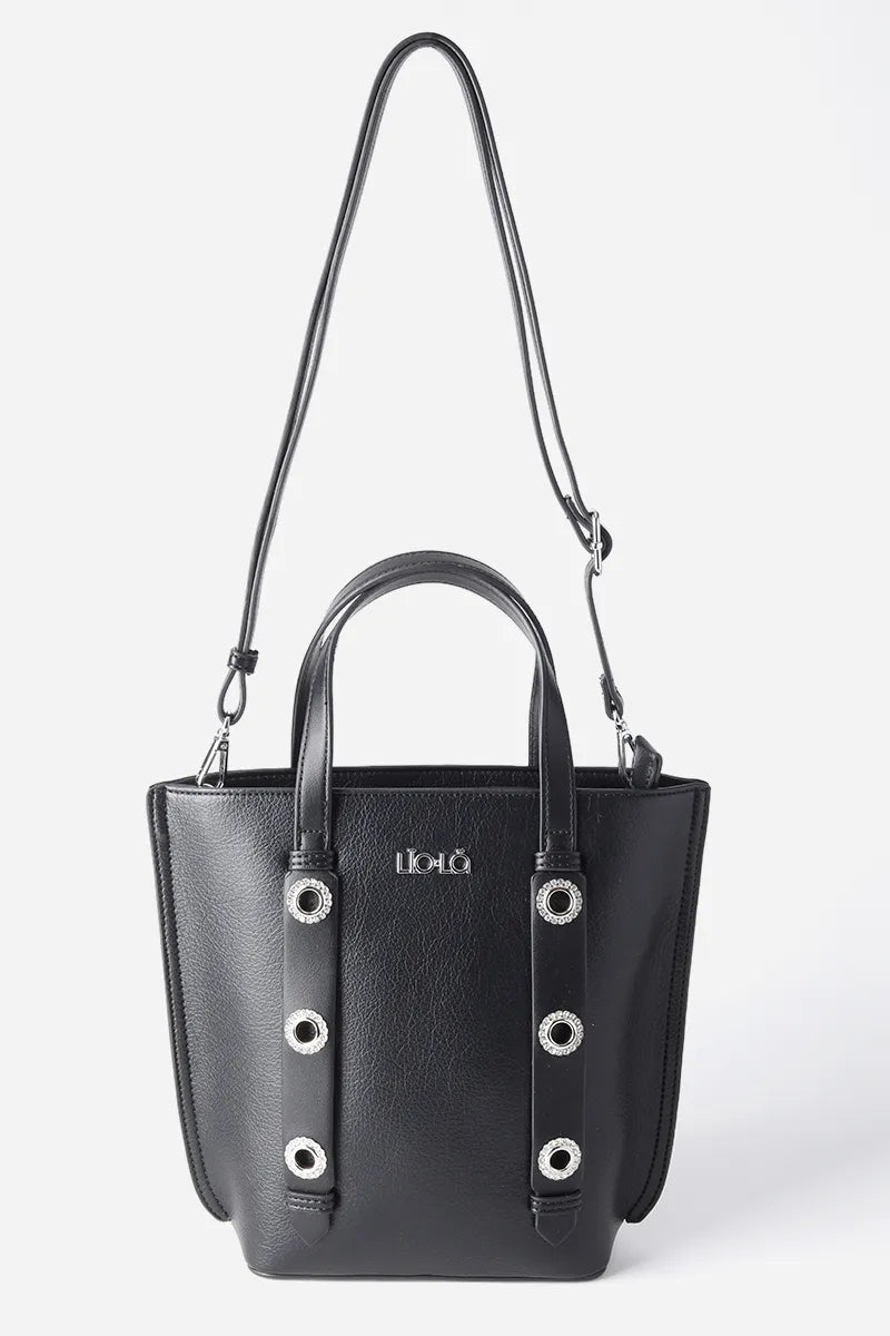 Cartera Mujer Mediana Simil Cuero Granulado Ojetillos Strass Negro