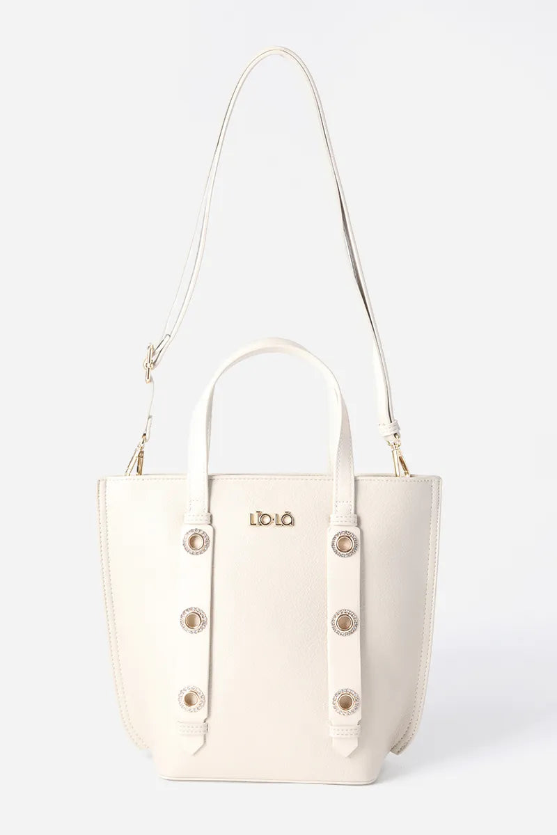 Cartera Mujer Mediana Simil Cuero Granulado Ojetillos Strass Beige