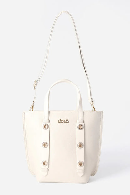 Cartera Mujer Mediana Simil Cuero Granulado Ojetillos Strass Beige