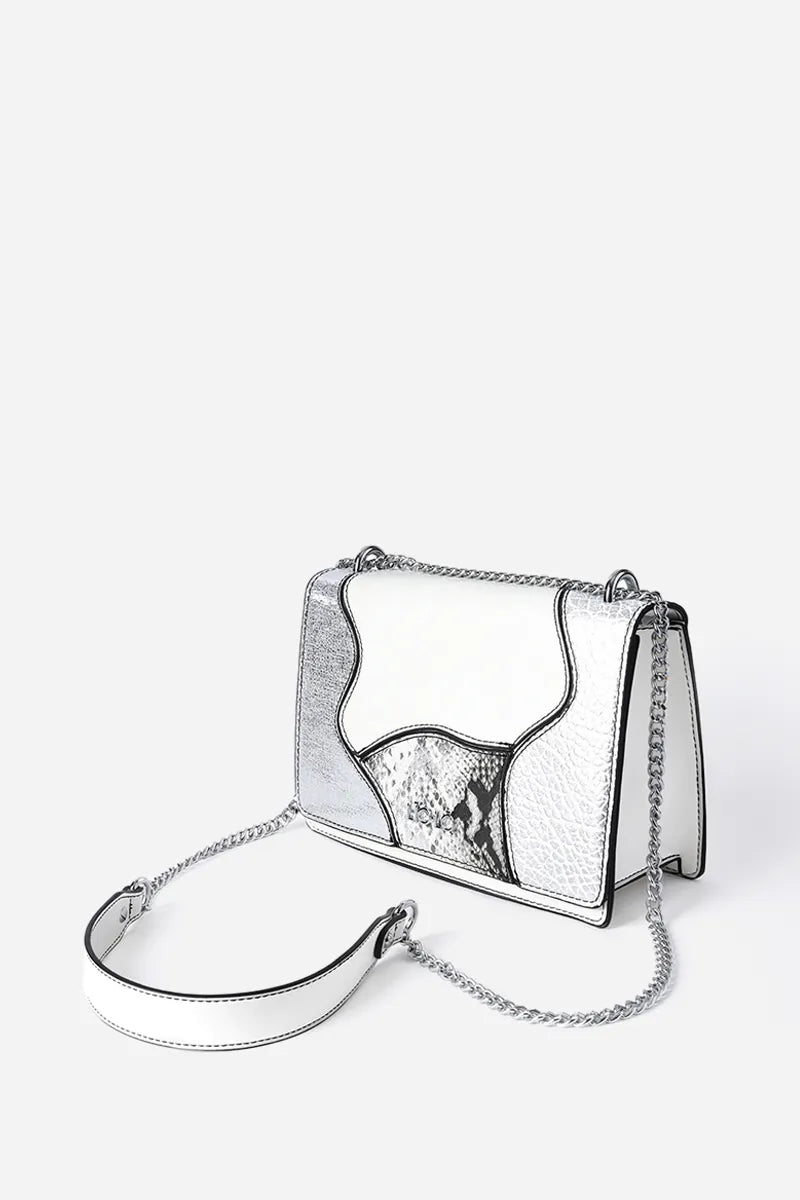 Cartera Mujer Mediana Simil Cuero Patchwork Folia Blanco