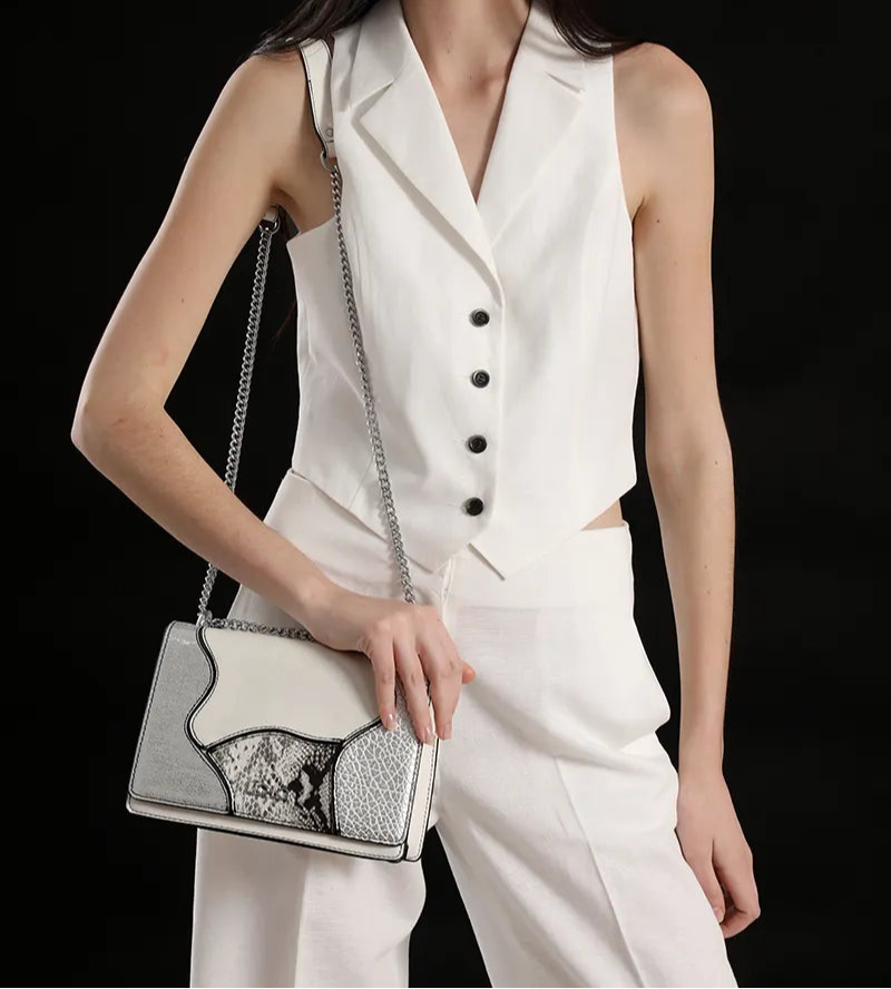 Cartera Mujer Mediana Simil Cuero Patchwork Folia Blanco