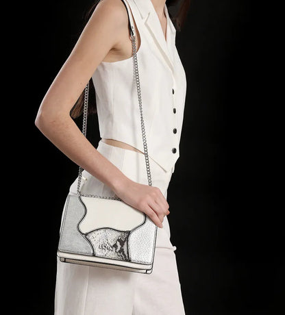 Cartera Mujer Mediana Simil Cuero Patchwork Folia Blanco