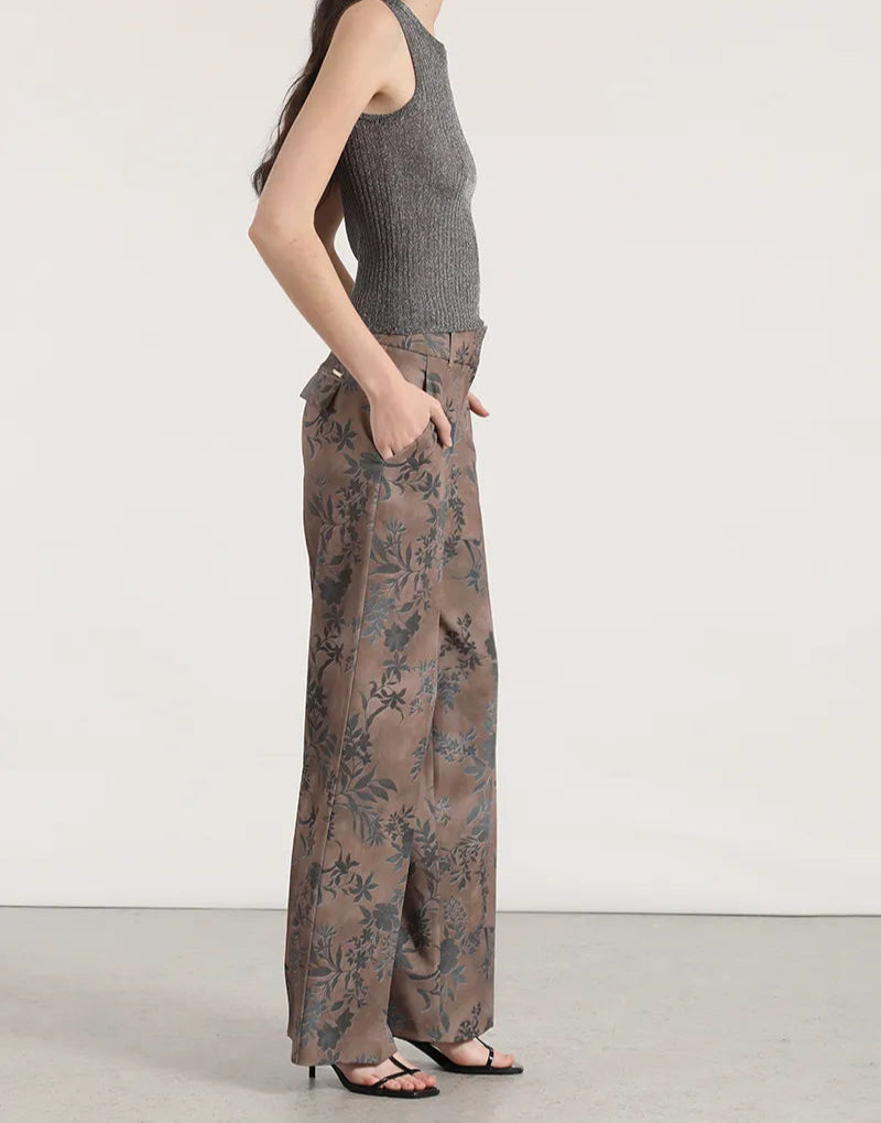 Pantalon Mujer Ancho Tiro Alto Estampado Cafe