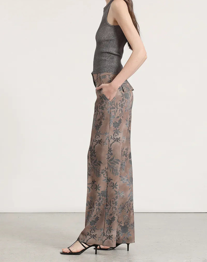 Pantalon Mujer Ancho Tiro Alto Estampado Cafe