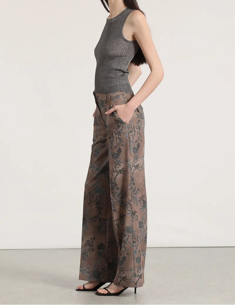Pantalon Mujer Ancho Tiro Alto Estampado Cafe
