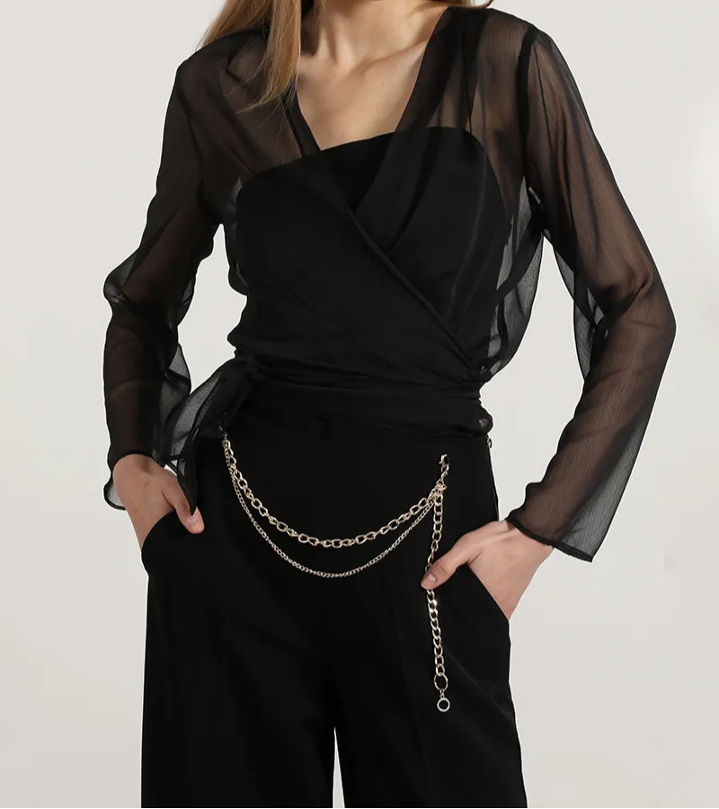 Blusa Mujer Gasa Semitrasparente Amarra En Ruedo Negro