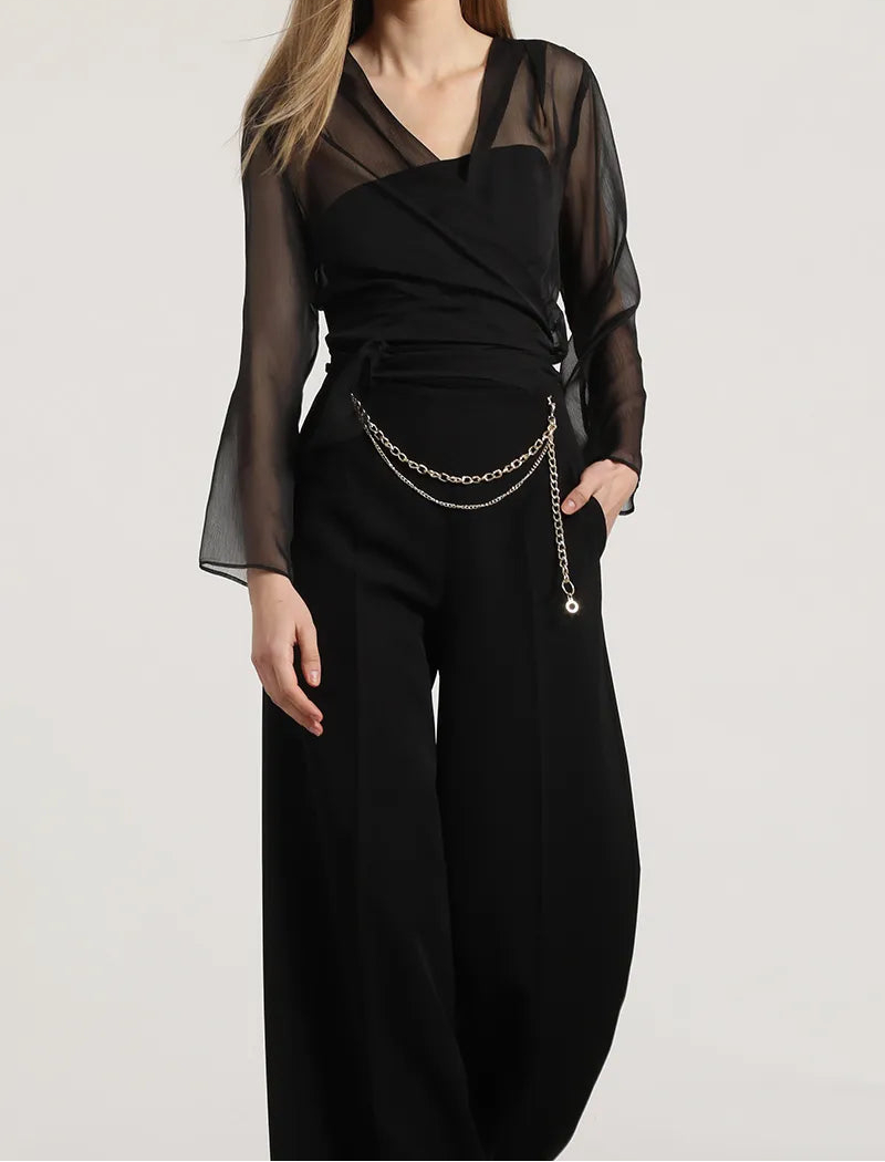 Blusa Mujer Gasa Semitrasparente Amarra En Ruedo Negro