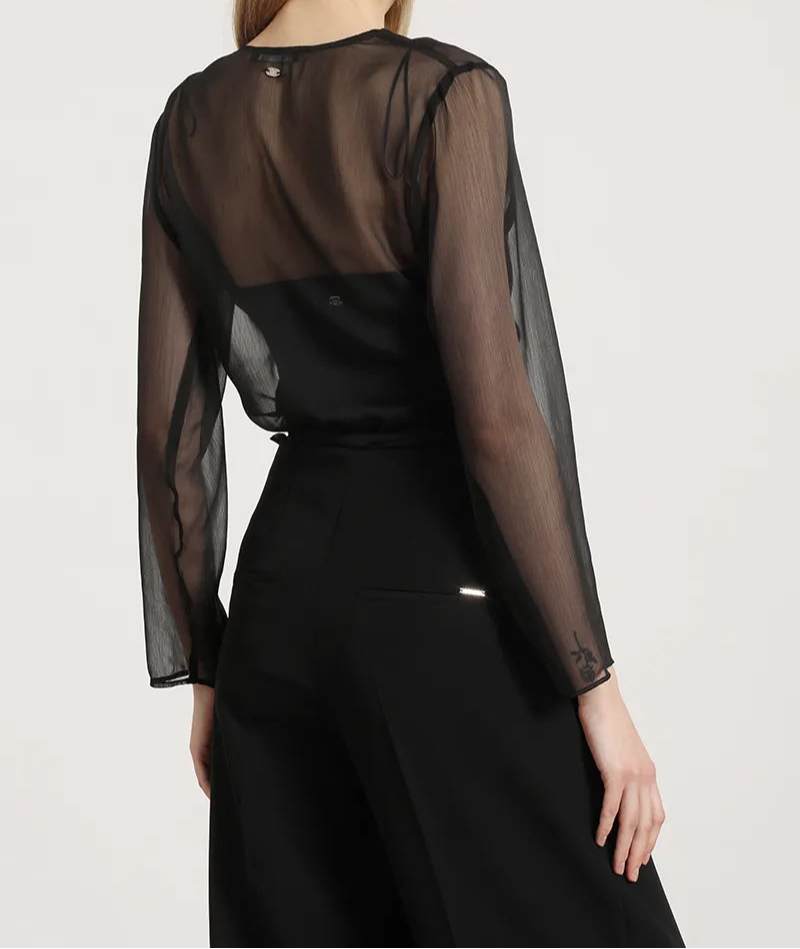 Blusa Mujer Gasa Semitrasparente Amarra En Ruedo Negro