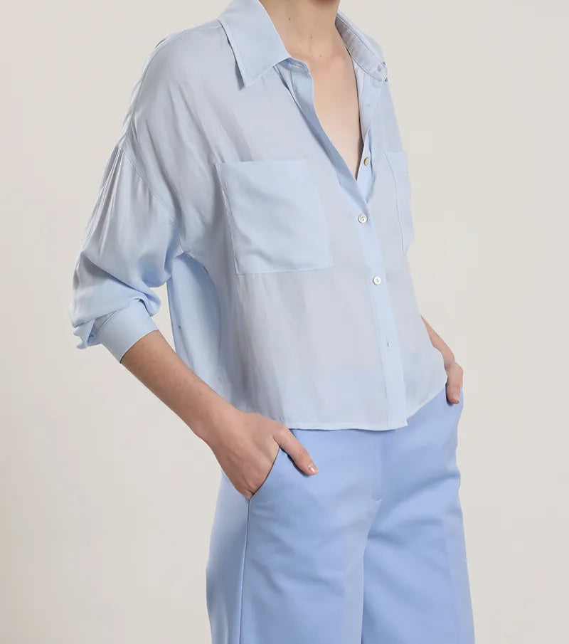 Blusa Mujer Amplia Satinada Celeste