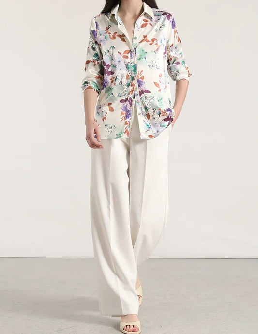 Blusa Mujer Satin Estampado Multiflores Crudo
