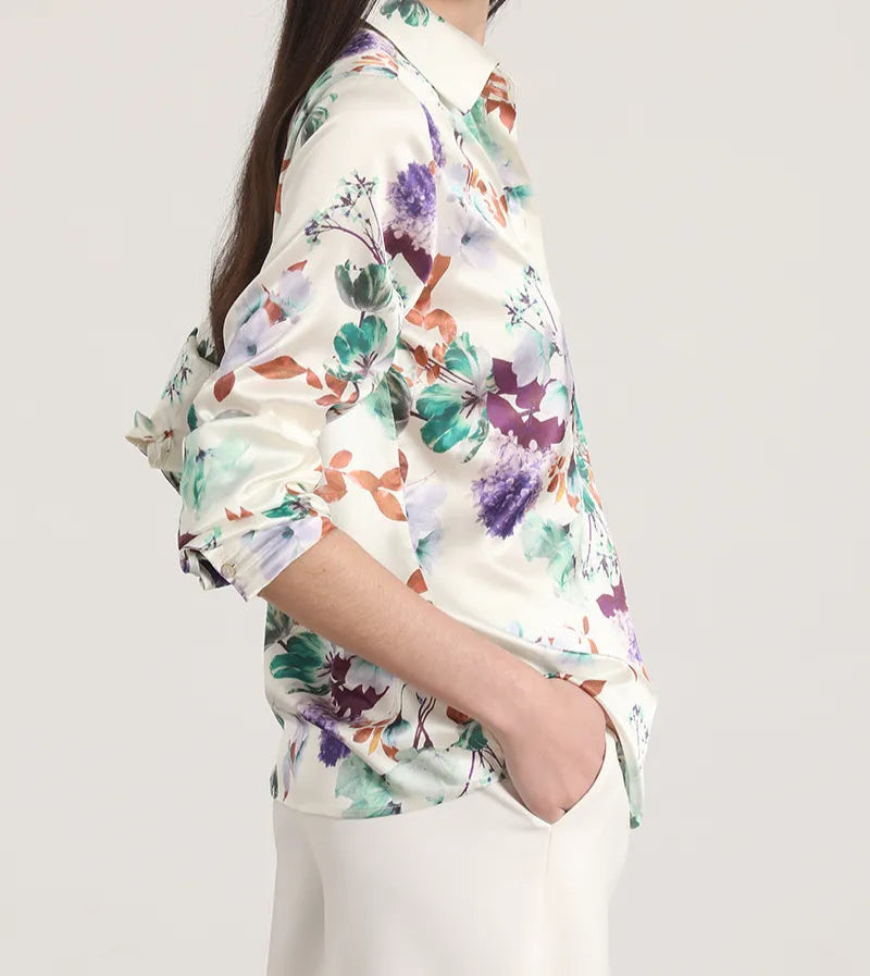 Blusa Mujer Satin Estampado Multiflores Crudo