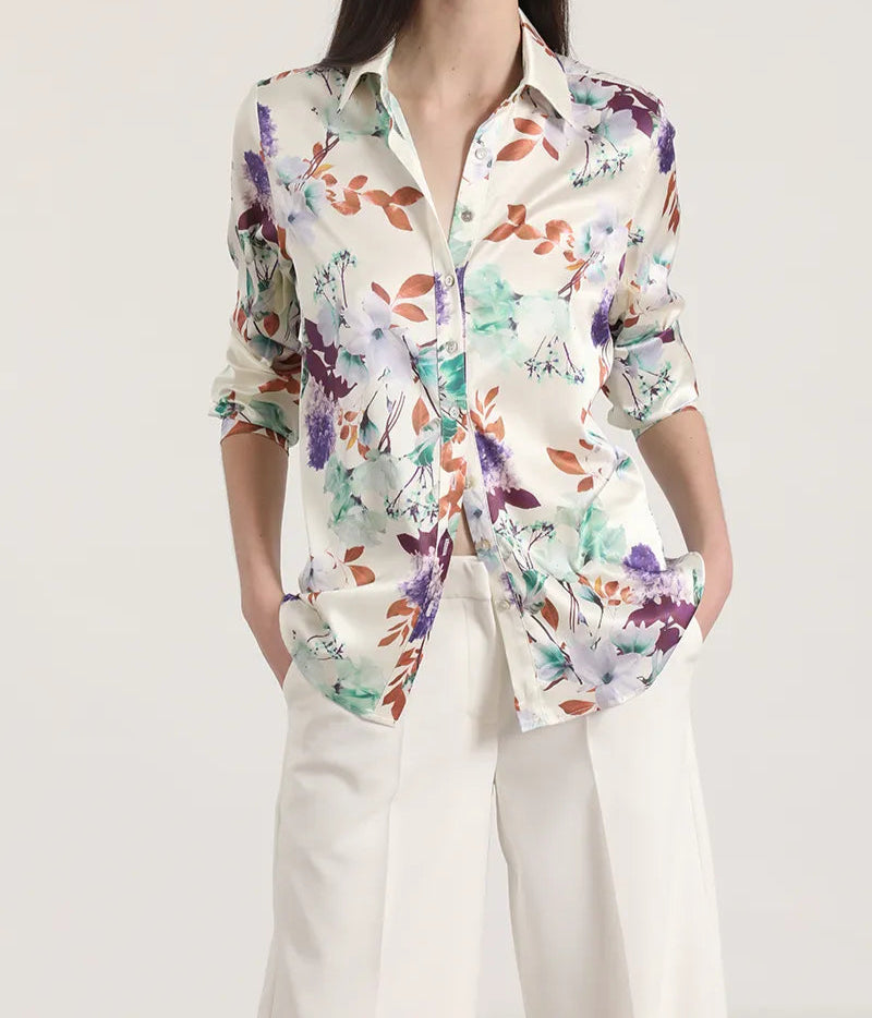 Blusa Mujer Satin Estampado Multiflores Crudo