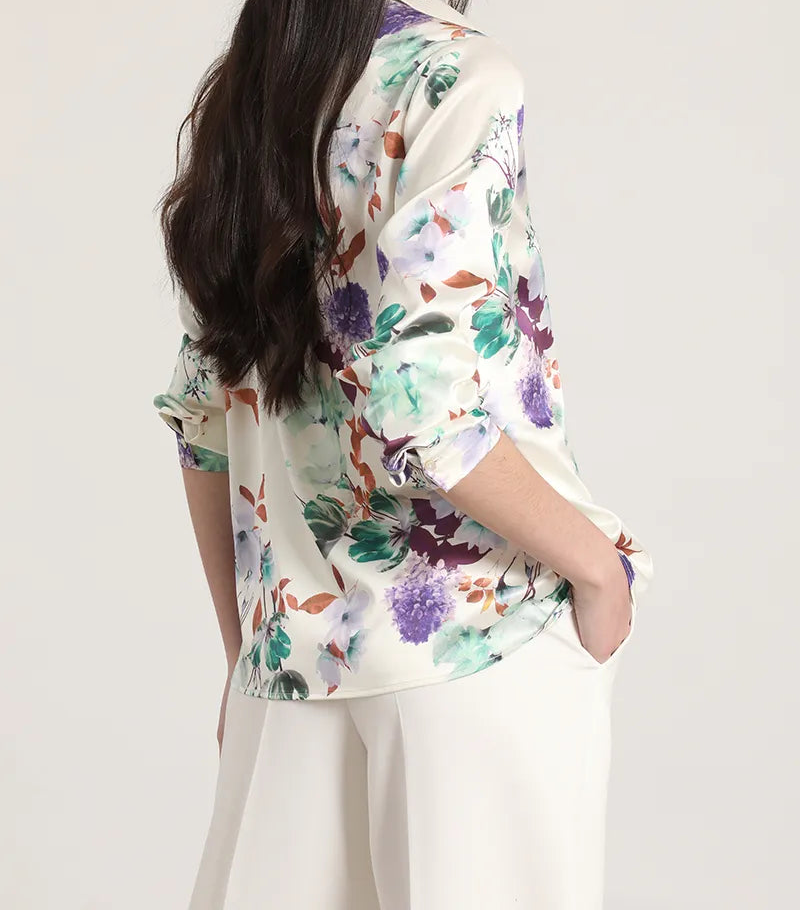 Blusa Mujer Satin Estampado Multiflores Crudo