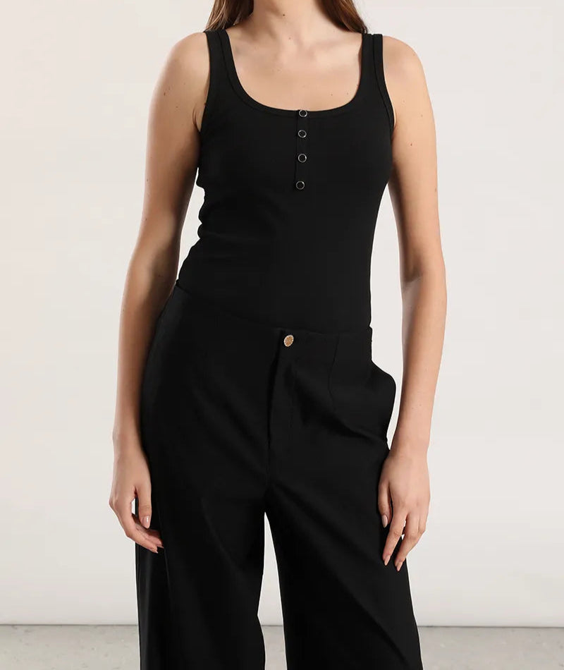 Polera Mujer Top Botones Algodón Ribb Negro