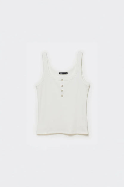 Polera Mujer Top Botones Algodón Ribb Crudo
