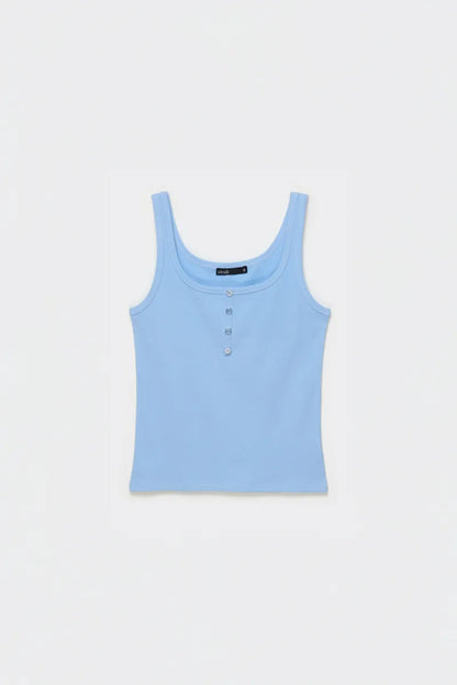 Polera Mujer Top Botones Algodón Ribb Celeste