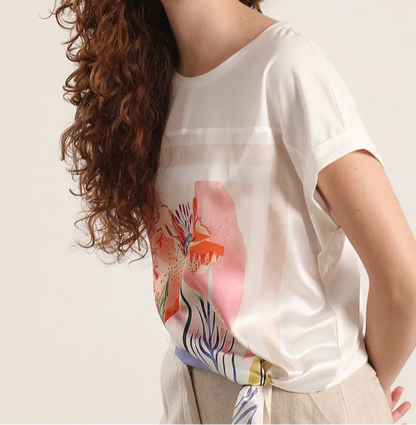Polera Mujer Satin Mix Amarra Con Estampado Crudo