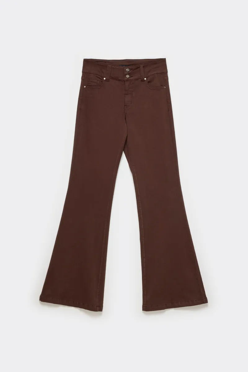 Jeans Mujer Color Flare Tiro Medio Chocolate