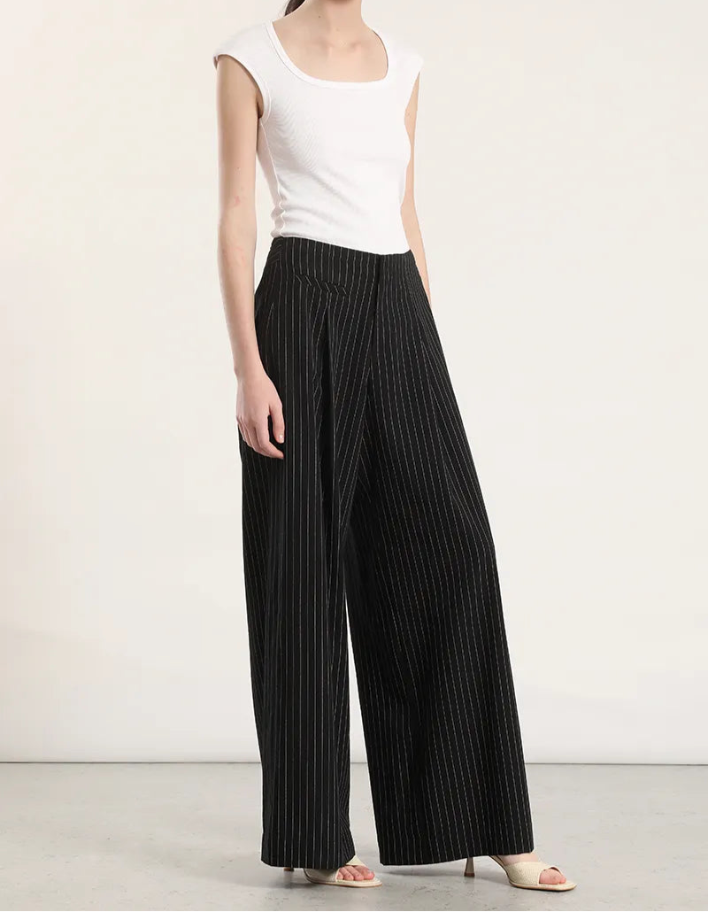 Pantalon Mujer Ancho Tiro Alto Listado Negro