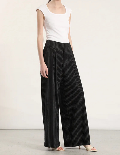 Pantalon Mujer Ancho Tiro Alto Listado Negro