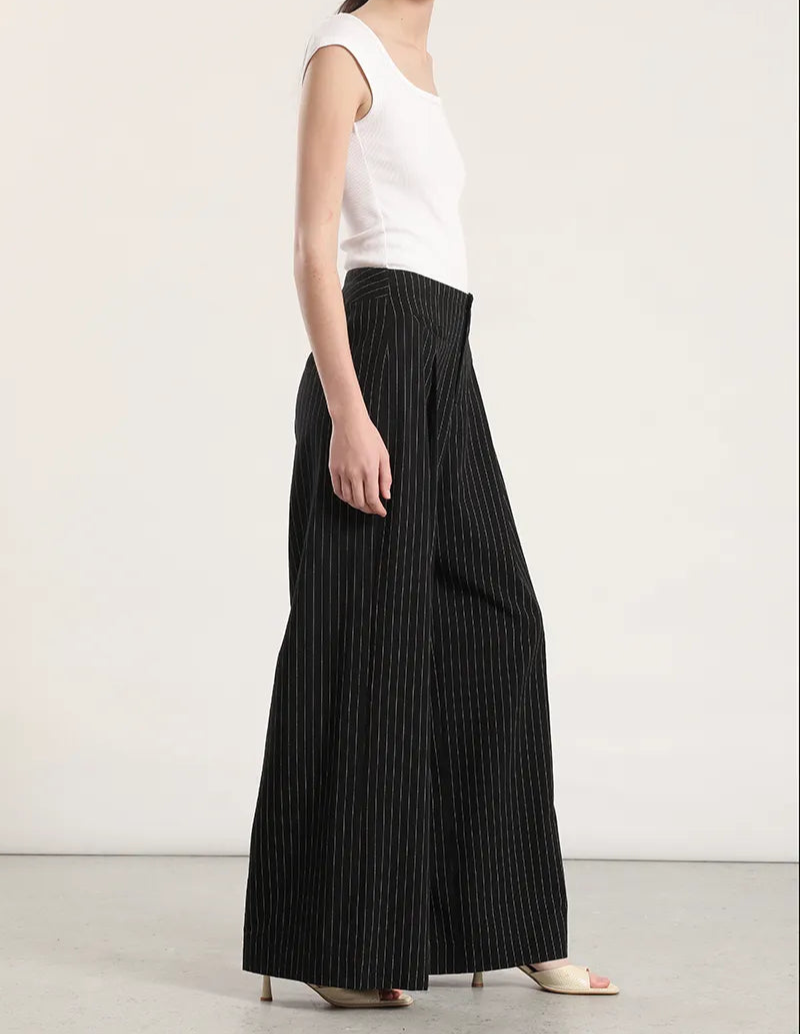 Pantalon Mujer Ancho Tiro Alto Listado Negro