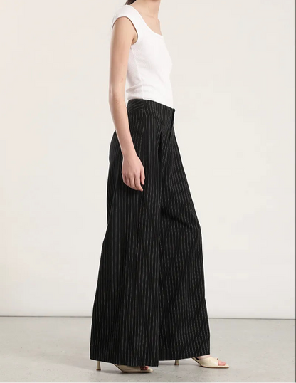 Pantalon Mujer Ancho Tiro Alto Listado Negro