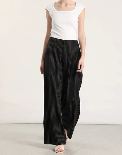Pantalon Mujer Ancho Tiro Alto Listado Negro