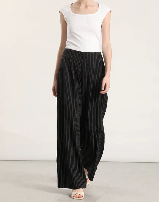 Pantalon Mujer Ancho Tiro Alto Listado Negro