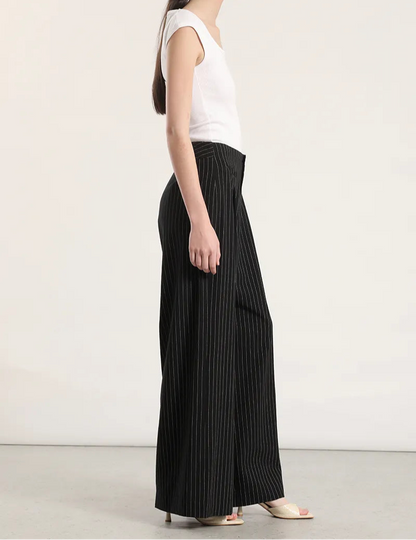 Pantalon Mujer Ancho Tiro Alto Listado Negro
