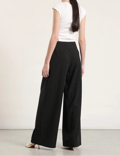 Pantalon Mujer Ancho Tiro Alto Listado Negro