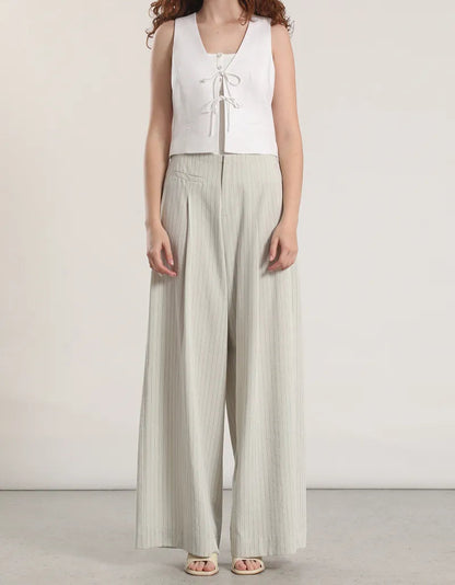 Pantalon Mujer Ancho Tiro Alto Listado Gris