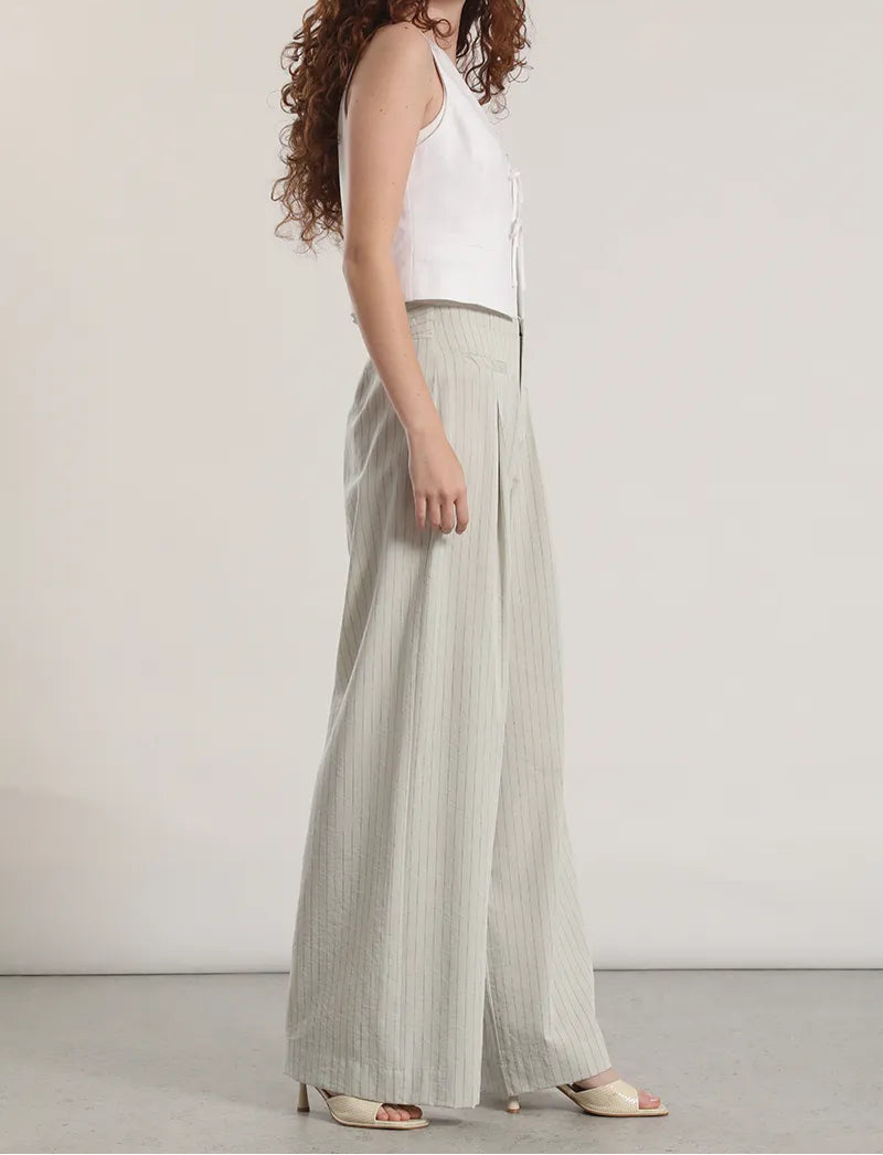 Pantalon Mujer Ancho Tiro Alto Listado Gris