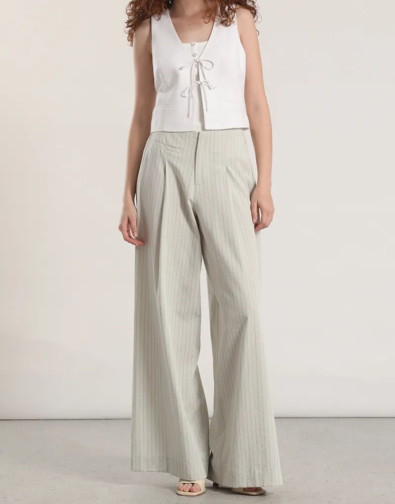 Pantalon Mujer Ancho Tiro Alto Listado Gris