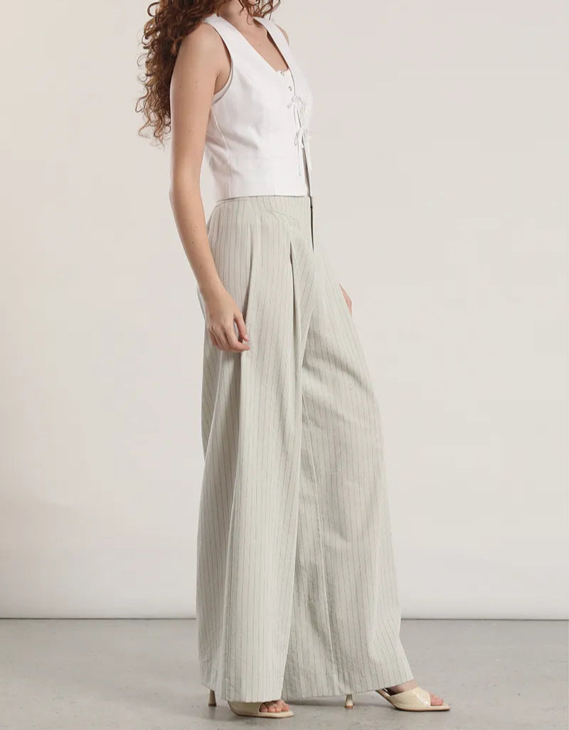 Pantalon Mujer Ancho Tiro Alto Listado Gris