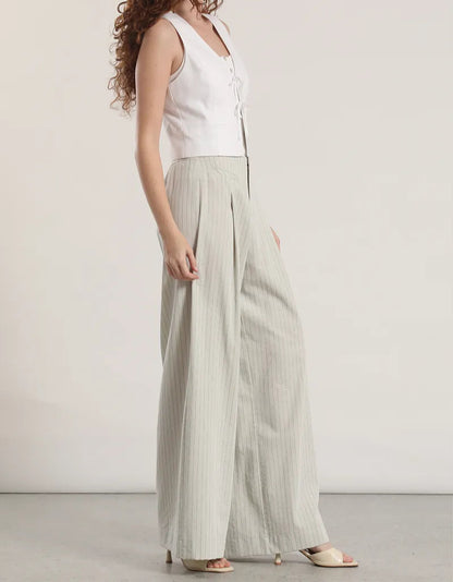 Pantalon Mujer Ancho Tiro Alto Listado Gris
